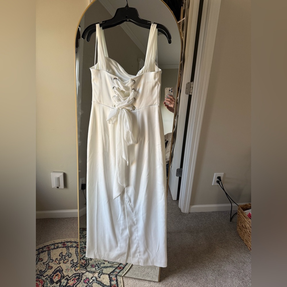 NWT BHLDN Off-The-Shoulder Lace-Up Satin Column Midi Dress - Picture 7 of 8